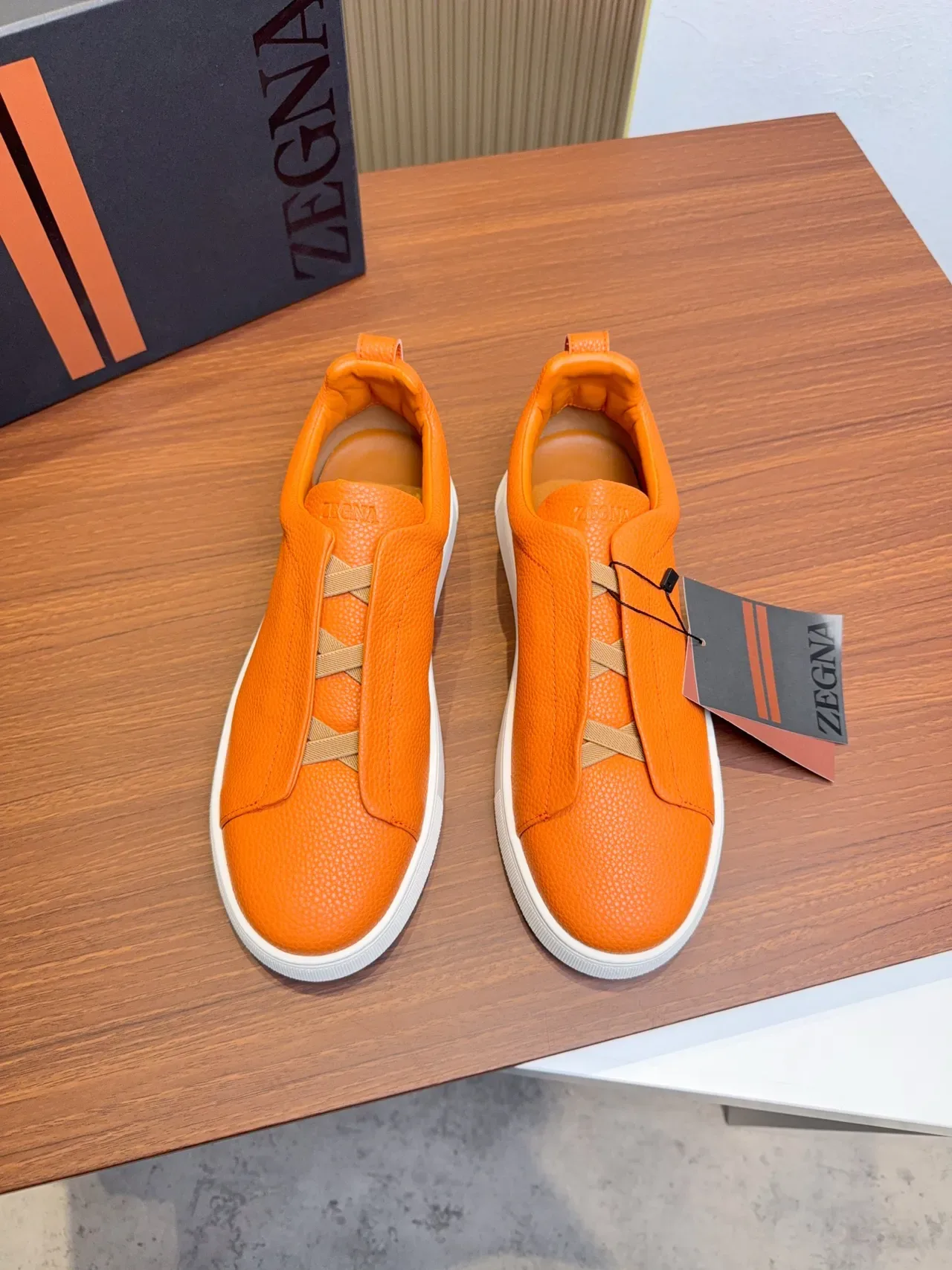 Zegna Orange Pebbled Leather Laceless Slip-On Lifestyle Sneakers 5