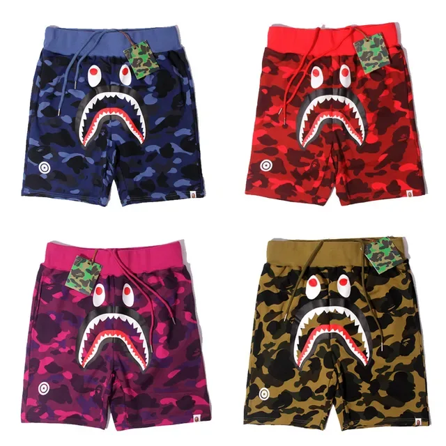 A Bathing Ape Shark Blue Multicolor Camouflage Print Face Graphic Shorts 1