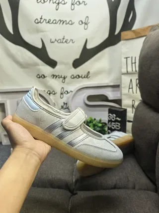 Adidas Beige Blue Laceless Mary Jane Strap Three-Stripe Side Panel Lifestyle Sneakers 5