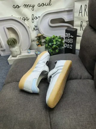 Adidas Beige Blue Laceless Mary Jane Strap Three-Stripe Side Panel Lifestyle Sneakers 6