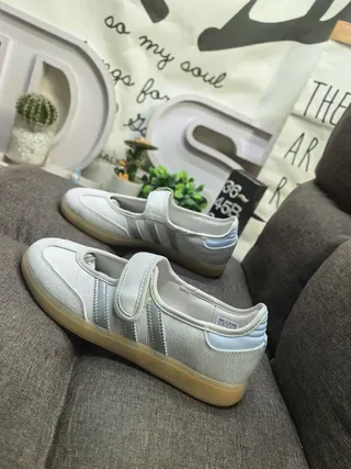 Adidas Beige Blue Laceless Mary Jane Strap Three-Stripe Side Panel Lifestyle Sneakers 7
