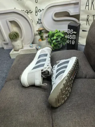 Adidas Beige Gray Mesh Upper Perforated Three Stripes Lifestyle Sneakers 6