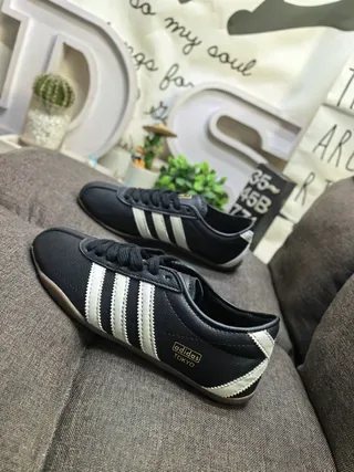 Adidas Black Beige Leather Upper Three Off-White Stripes Lifestyle Sneakers 7