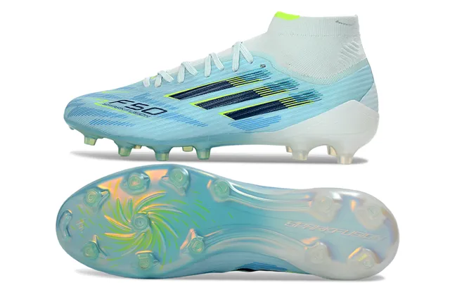 Adidas Blue Green High-Cut Sock-Fit Collar Translucent Stud Outsole Firm-Ground Soccer Shoes 6