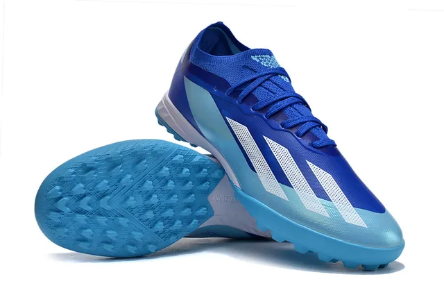 Adidas Chaussures de football à empeineta en maille, lacets asymétriques, coupe basse pour herbe artificielle couleur bleue 4