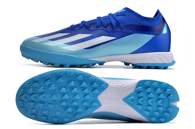 Adidas Chaussures de football à empeineta en maille, lacets asymétriques, coupe basse pour herbe artificielle couleur bleue 6
