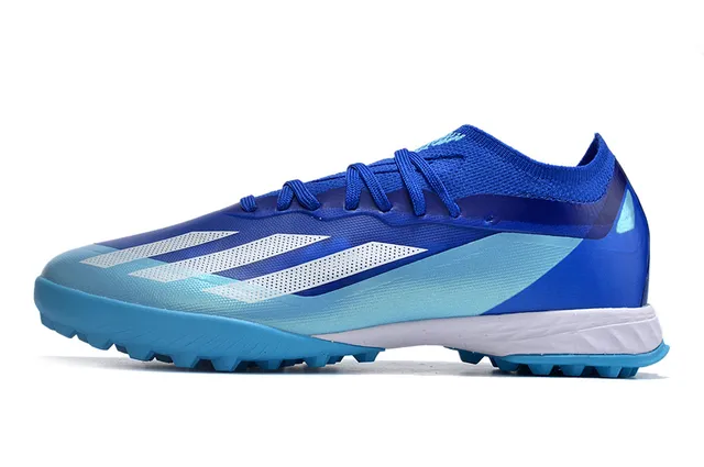Adidas Chaussures de football à empeineta en maille, lacets asymétriques, coupe basse pour herbe artificielle couleur bleue 7
