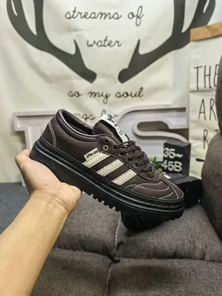 Adidas Brown Beige Leather Upper Off-White Three Stripes Lifestyle Sneakers 5