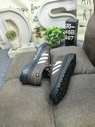 Adidas Brown Beige Leather Upper Off-White Three Stripes Lifestyle Sneakers 6