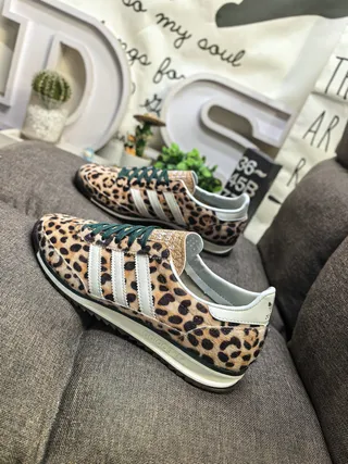 Adidas Brown Green Leopard-Print Cowhide Upper Three White Stripes Lifestyle Sneakers 7