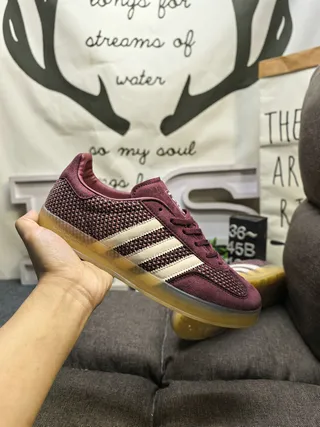 Adidas Burgundy Beige Knit Upper Three-Stripe Side Panel Sneakers 5