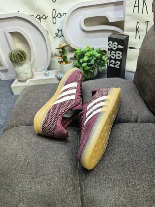 Adidas Burgundy Beige Knit Upper Three-Stripe Side Panel Sneakers 6