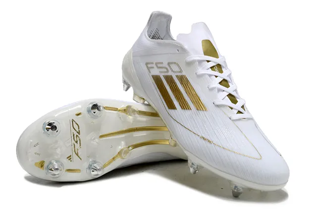 Adidas F50 أبيض وذهب أحذية كرة القدم أرض صلبة 4