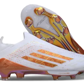 Adidas F50 White Orange Low-Cut Sock-Fit Upper Iridescent Graphic Overlays Firm-Ground Soccer Shoes