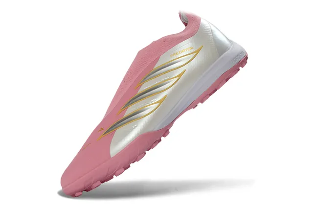 Adidas Sapatos de futebol turf rosa e branco slip-on com collar de meias de construção 12