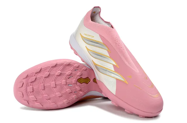 Adidas Sapatos de futebol turf rosa e branco slip-on com collar de meias de construção 13