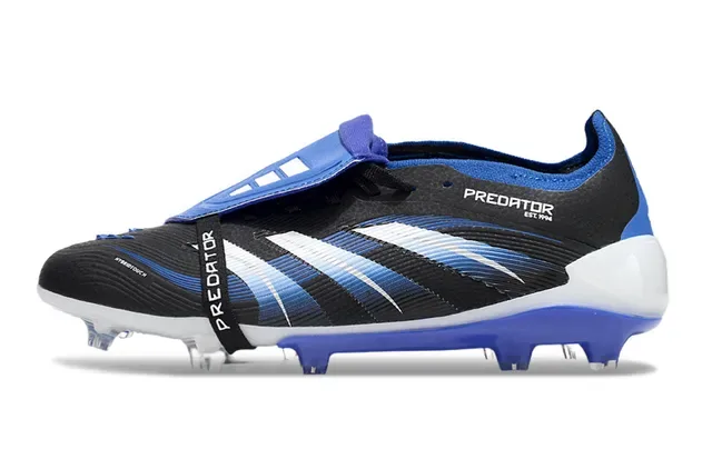 Adidas Predator Noir Bleu Sans Lacets Fermeture par Sangle Asymétrique Trois Rayures Superposition Firm-Ground Chaussures de Football 2