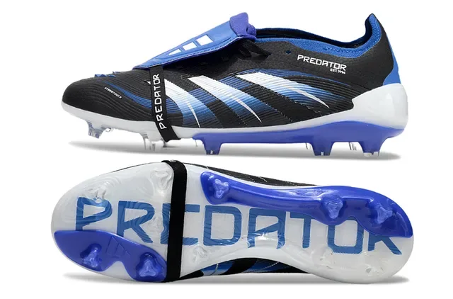 Adidas Predator Noir Bleu Sans Lacets Fermeture par Sangle Asymétrique Trois Rayures Superposition Firm-Ground Chaussures de Football 7
