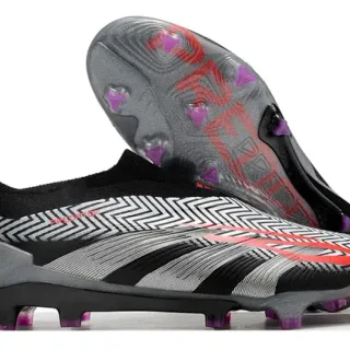 Adidas Predator Black Gray Sock-Fit Collar Geometric Zigzag Stripe Overlay Firm-Ground Soccer Shoes