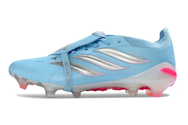 Adidas Predator Chaussures de Football Bleu Rose Sans Lacets Fermeture avec Sangle Cage du Talon Iridescente Terrain Ferme 7