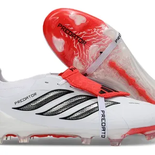 Adidas Predator White Red Laceless Strap Closure Three Black Stripes Firm-Ground Soccer Shoes