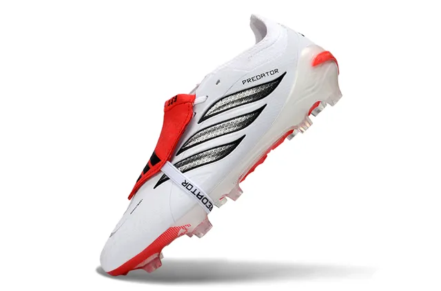 Adidas Predator White Red Laceless Strap Closure Three Black Stripes Firm-Ground Soccer Shoes 3
