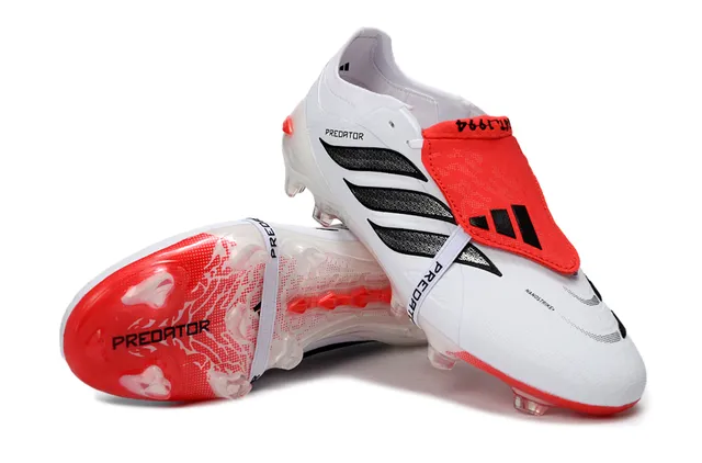 Adidas Predator White Red Laceless Strap Closure Three Black Stripes Firm-Ground Soccer Shoes 4