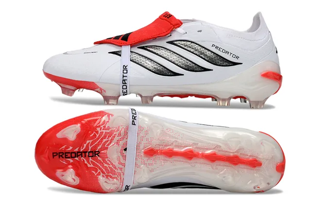 Adidas Predator White Red Laceless Strap Closure Three Black Stripes Firm-Ground Soccer Shoes 6
