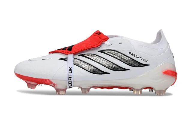 Adidas Predator White Red Laceless Strap Closure Three Black Stripes Firm-Ground Soccer Shoes 7
