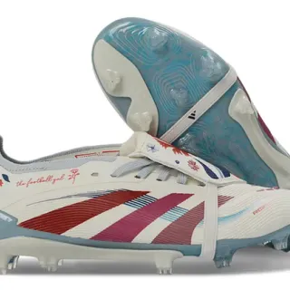 Adidas Predator White Red Strap-Over-Lace Closure Ribbed Forefoot Texture Firm-Ground Soccer Shoes