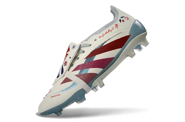 Adidas Predator White Red Strap-Over-Lace Closure Ribbed Forefoot Texture Firm-Ground Soccer Shoes 3
