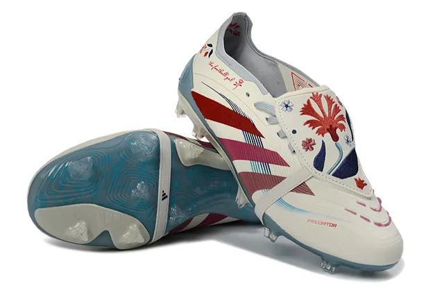 Adidas Predator White Red Strap-Over-Lace Closure Ribbed Forefoot Texture Firm-Ground Soccer Shoes 4