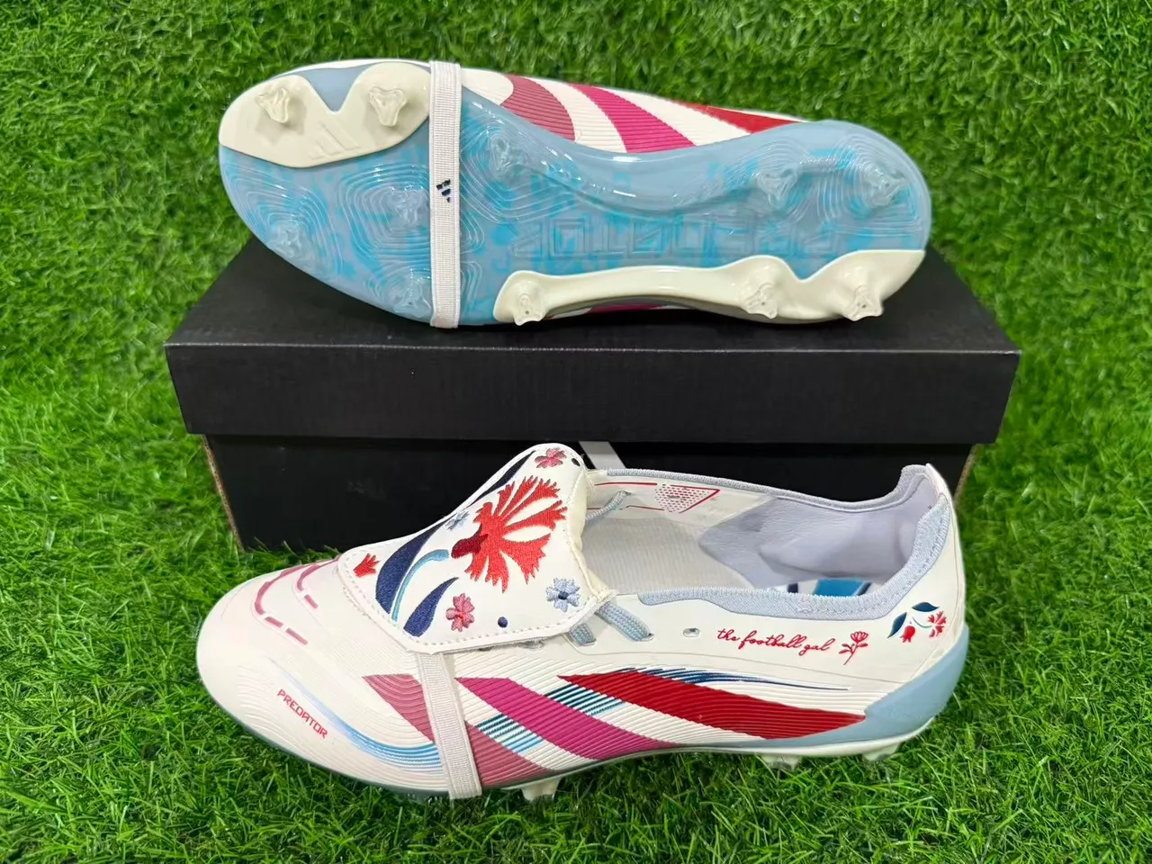 Adidas Predator White Red Strap-Over-Lace Closure Ribbed Forefoot Texture Firm-Ground Soccer Shoes 13