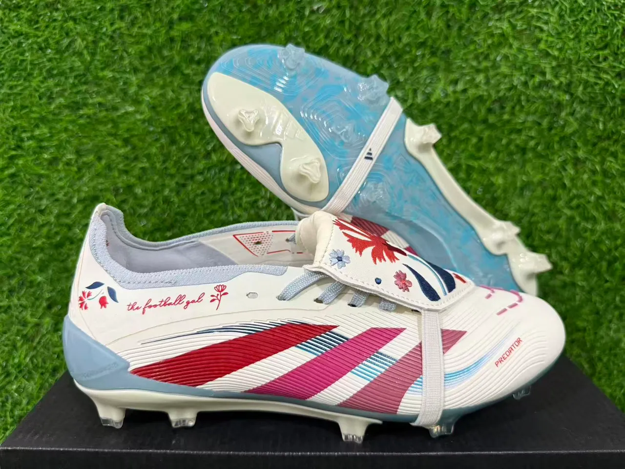 Adidas Predator White Red Strap-Over-Lace Closure Ribbed Forefoot Texture Firm-Ground Soccer Shoes 16