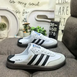 Adidas Samba White and Black Laceless Slip-On Loafers