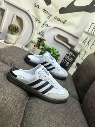Adidas Samba White and Black Laceless Slip-On Loafers 9
