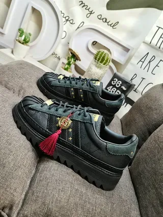 Adidas Superstar Black and Dark Green Gold-Star Embellished Lifestyle Sneakers 7