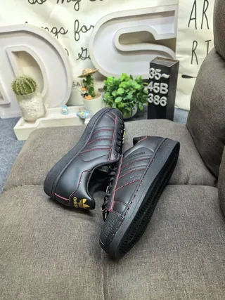 Adidas Superstar Black Red Leather Upper Contrast Stitching Lifestyle Sneakers 6
