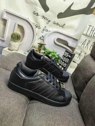 Adidas Superstar Black Red Leather Upper Contrast Stitching Lifestyle Sneakers 9