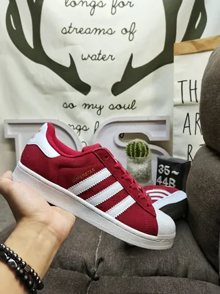 Adidas Superstar 酒红色和白色生活方式运动鞋 5