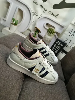 Adidas Superstar Croc-Embossed Off-White Navy Burgundy Lifestyle Sneakers 9