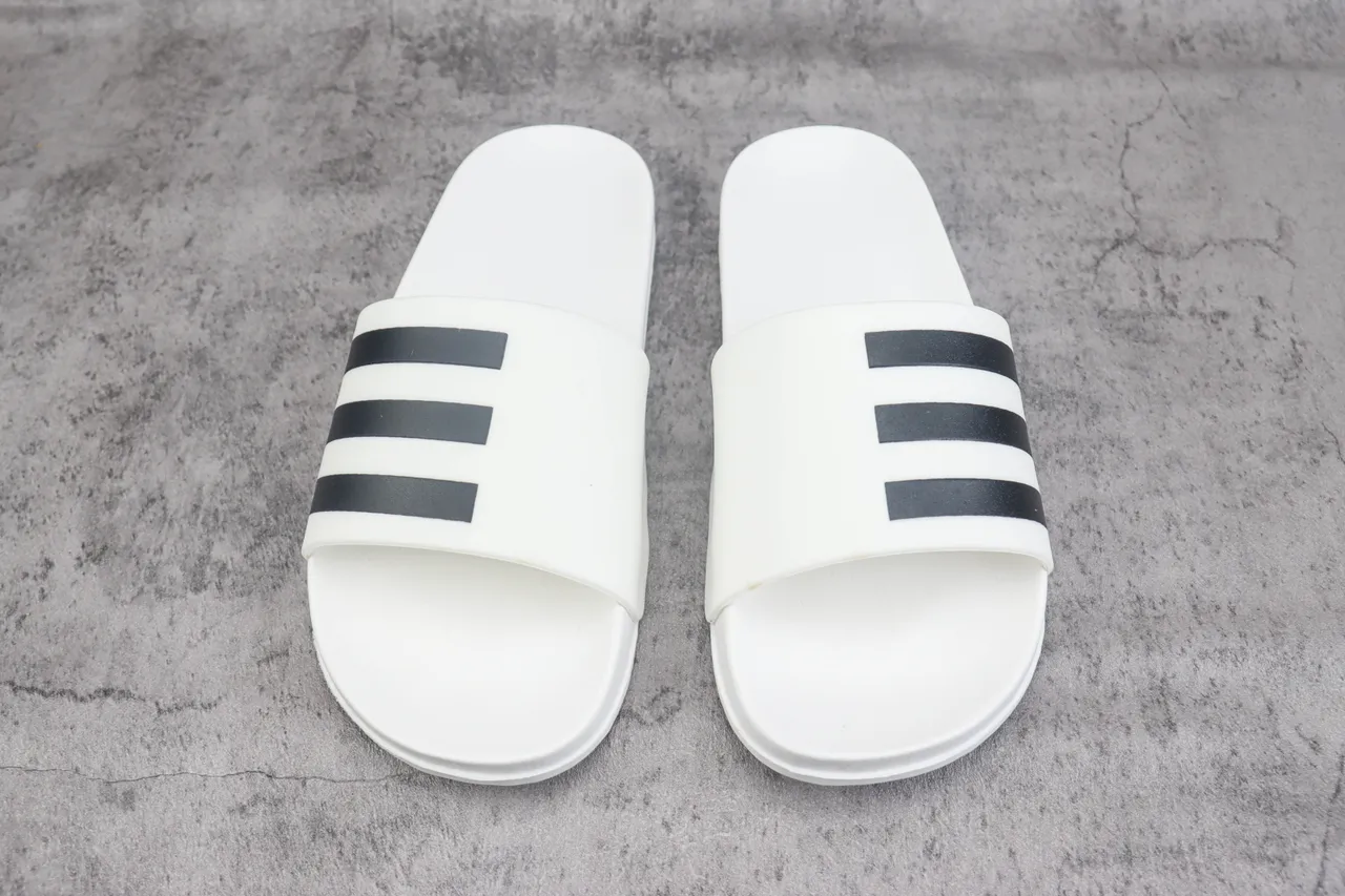 Adidas White Black Three-Stripe Strap Flat Molded Sole Slippers 2