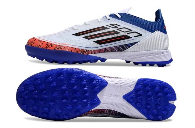Adidas Chaussures de Football Turf Synthétiques Blanches et Bleues avec Système de Lacets Asymétriques Profil Bas 6