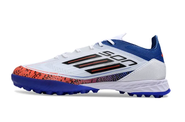 Adidas Chaussures de Football Turf Synthétiques Blanches et Bleues avec Système de Lacets Asymétriques Profil Bas 7
