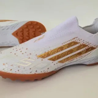 Adidas White Gold Sock-Fit Knit Upper Metallic Stripe Graphics Turf Soccer Shoes