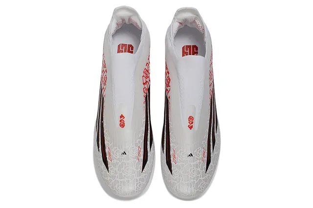 Adidas White Red Laceless Sock-Fit Upper Translucent Iridescent Soleplate Firm-Ground Soccer Shoes 2