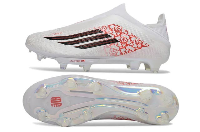 Adidas White Red Laceless Sock-Fit Upper Translucent Iridescent Soleplate Firm-Ground Soccer Shoes 5
