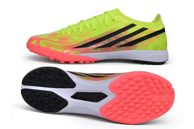 Adidas Sapatos de futebol amarelo rosa low-cut, gola de meias, cadarço assimétrico, jaula, para gramado 5