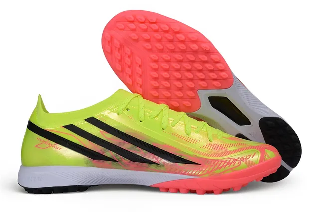 Adidas Sapatos de futebol amarelo rosa low-cut, gola de meias, cadarço assimétrico, jaula, para gramado 7