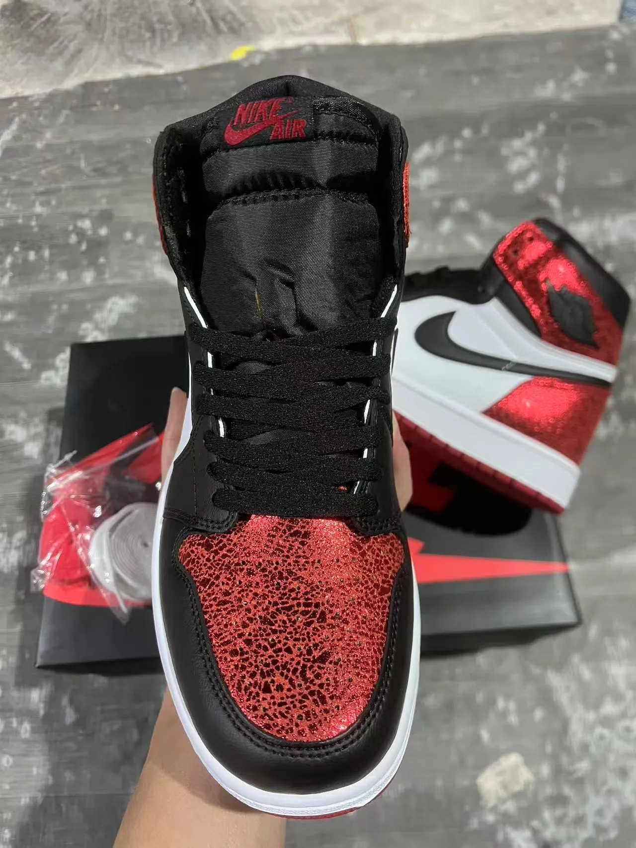 Air Jordan 1 High Glitter Red Black White Basketball Shoes 8